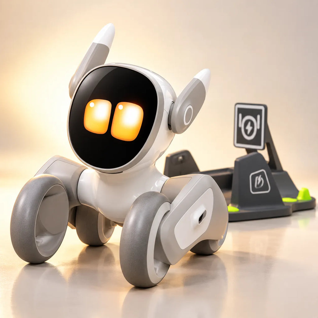 Loona AI robot pet with glowing amber eyes sitting beside its charging dock