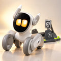 Loona AI robot pet with glowing amber eyes sitting beside its charging dock