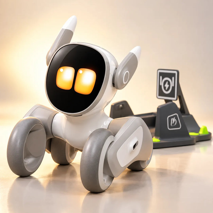 Loona AI robot pet with glowing amber eyes sitting beside its charging dock