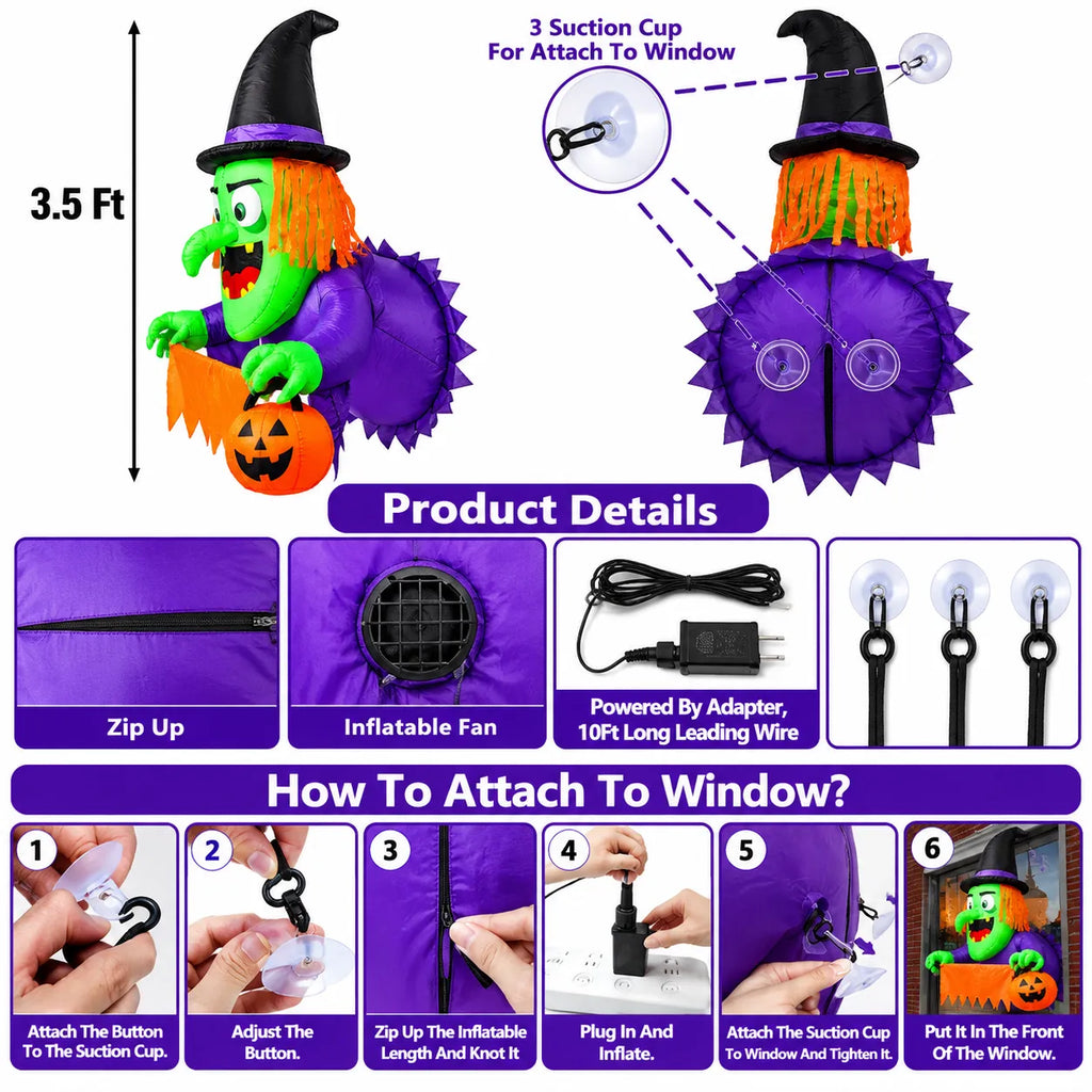 3.5FT Halloween Window Witch Inflatable with LED Lights