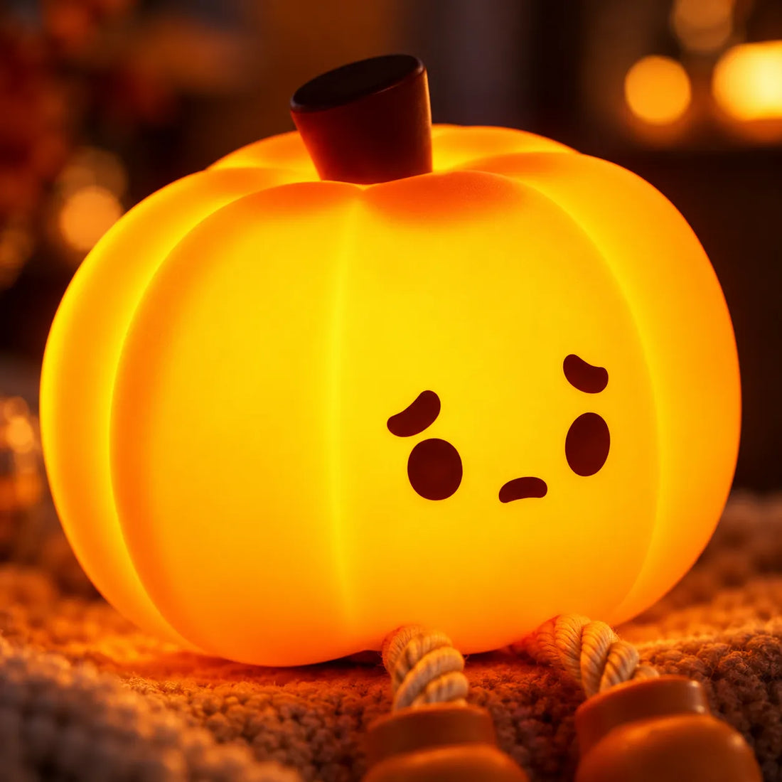 A glowing orange pumpkin-shaped lamp with a sad face and rope legs, resting on a textured surface in a warm, dimly lit setting.