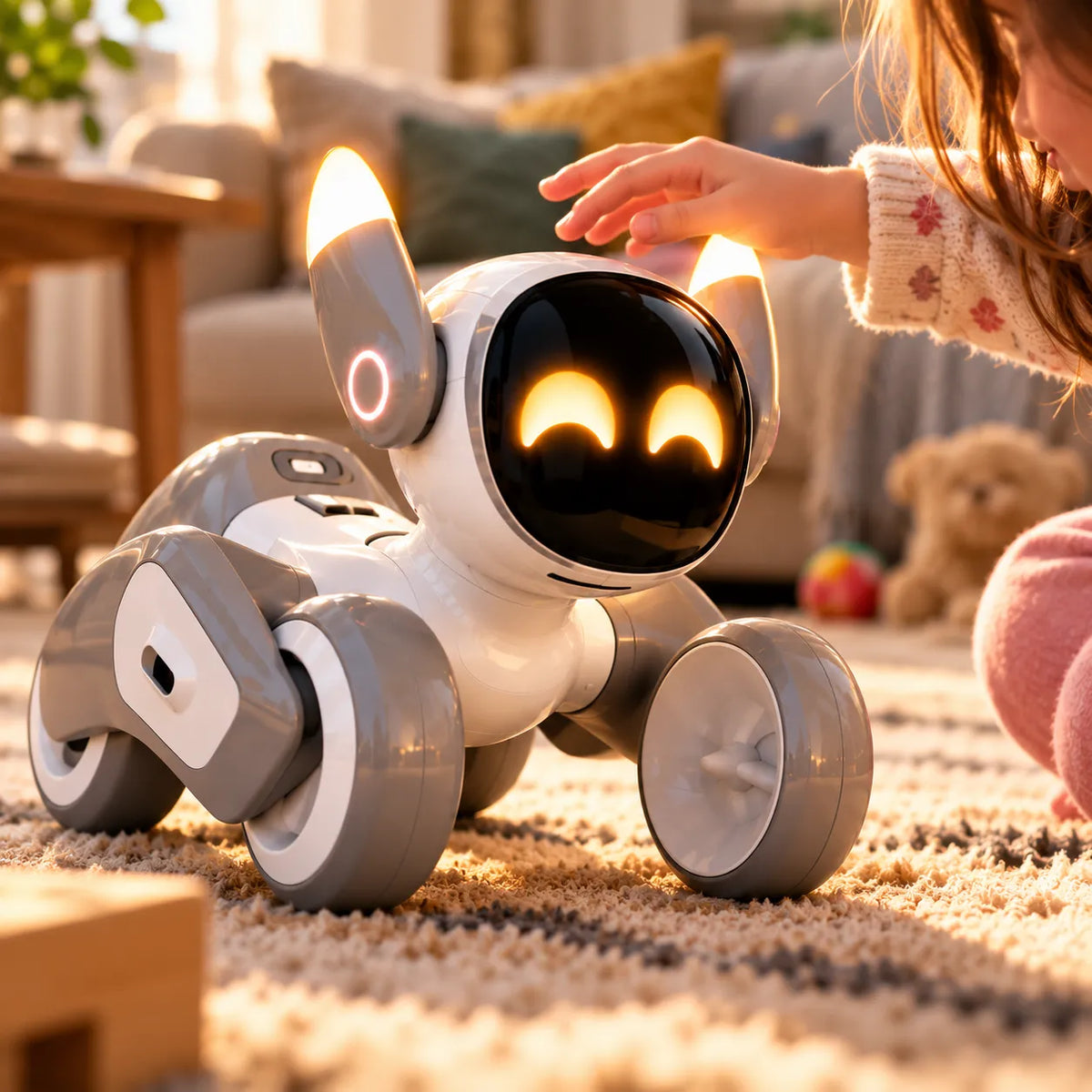 A small white and gray wheeled robot toy with glowing yellow eyes and ear lights, being touched by a child's hand on a carpeted floor in a cozy living room setting.