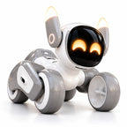 A small white and gray wheeled robot toy with glowing orange eyes and ear lights, photographed on a clean white background.