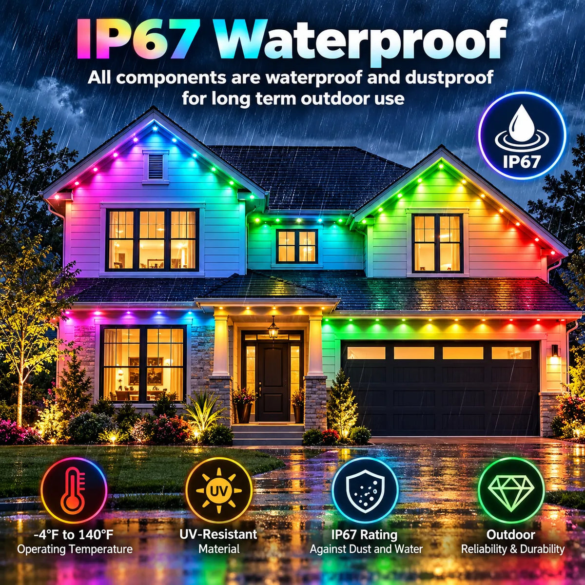 150FT Permanent Outdoor Lights Smart RGB Eave Lights with App and Voice Control