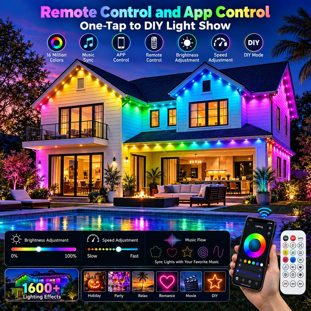150FT Permanent Outdoor Lights Smart RGB Eave Lights with App and Voice Control