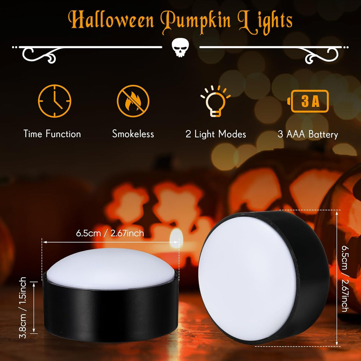 6 Pack Halloween Pumpkin LED Lights, Black,Warm Light