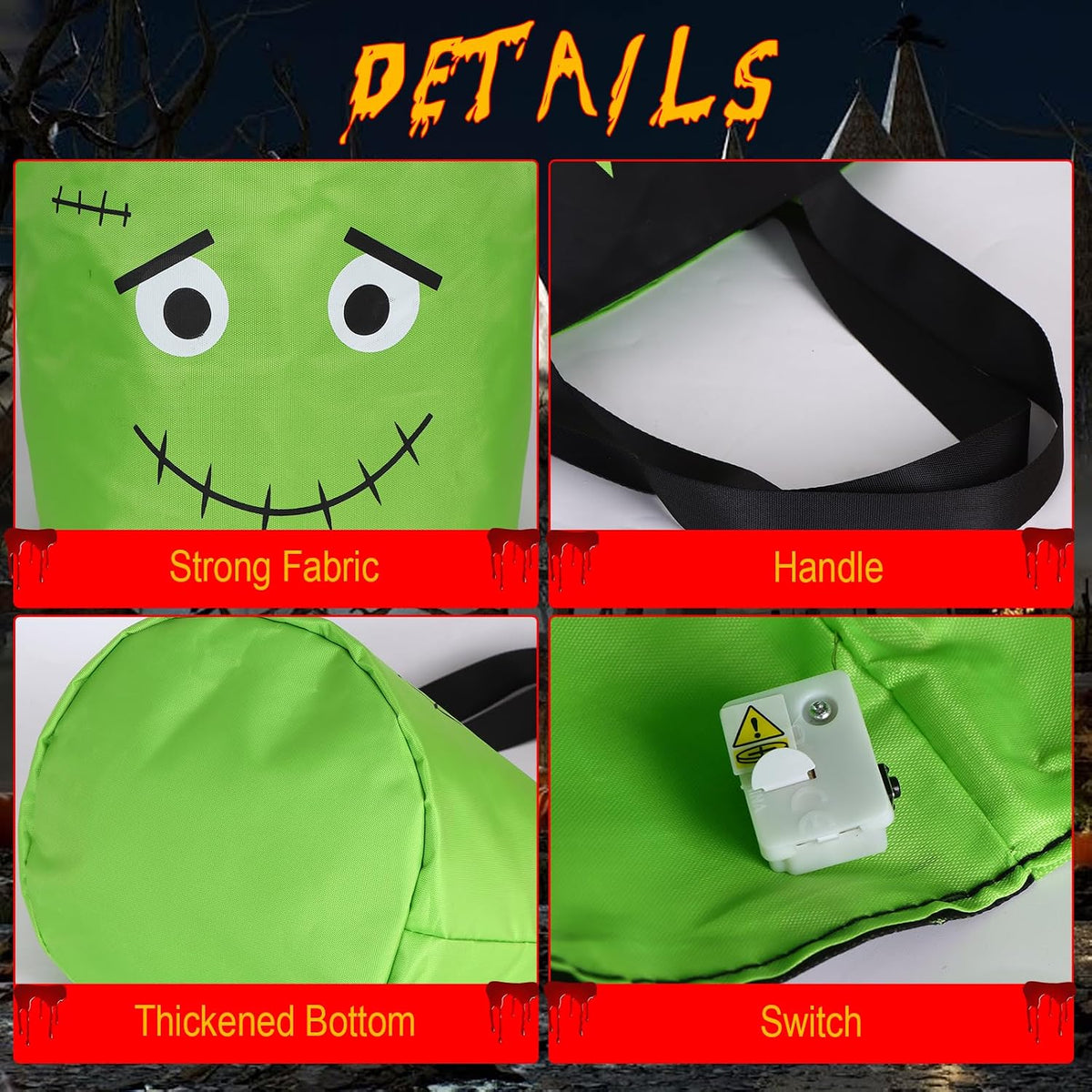 Halloween Trick or Treat Candy Bags LED Light up Pumpkin Bucket, Collapsible Reusable Candy Basket, Fabric Tote Gift Goody Bags for Kids Halloween Party (Green)