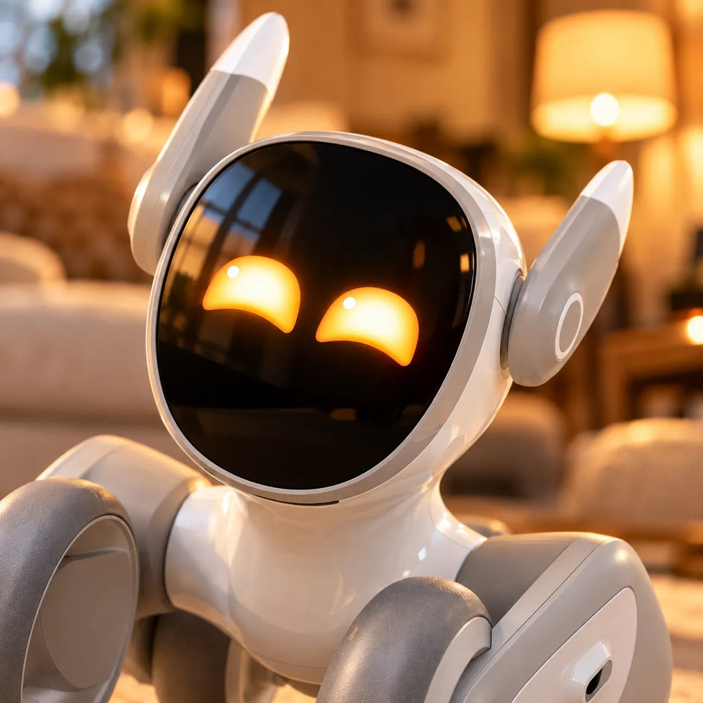 A close-up of a modern white and gray humanoid robot toy in a cozy, warmly lit living room setting.