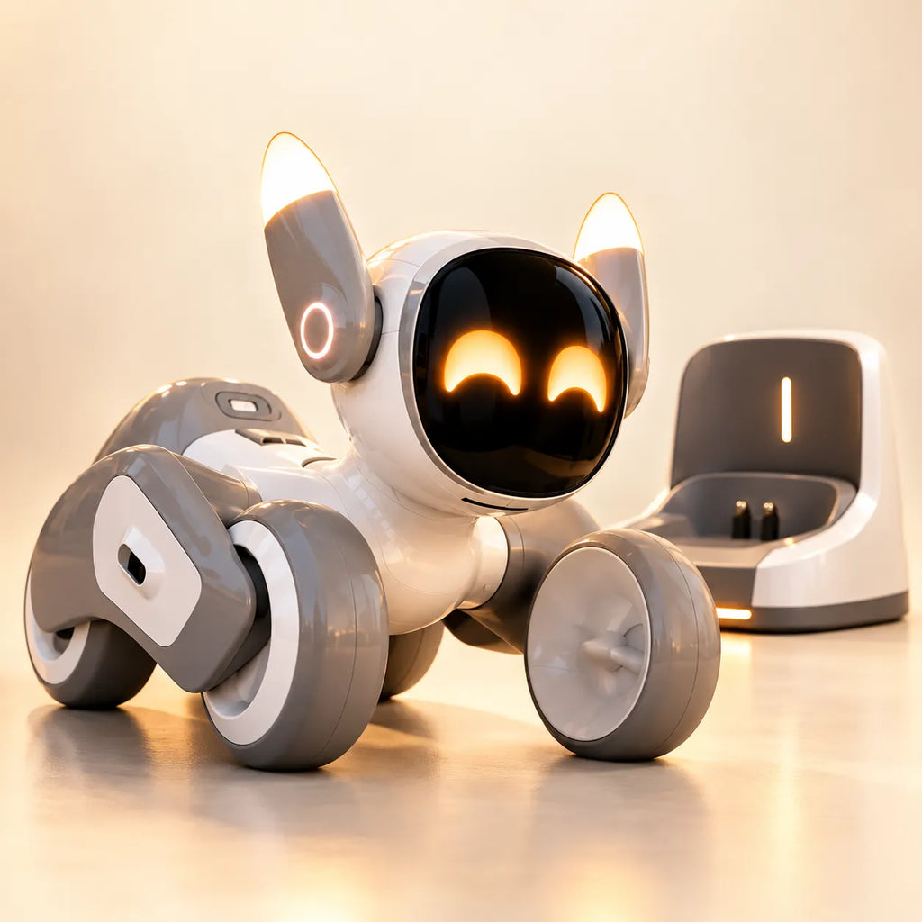 A small wheeled robot toy with a rounded white and gray body, glowing amber eyes, and illuminated ear tips, shown alongside a matching charging dock on a warm beige studio background.
