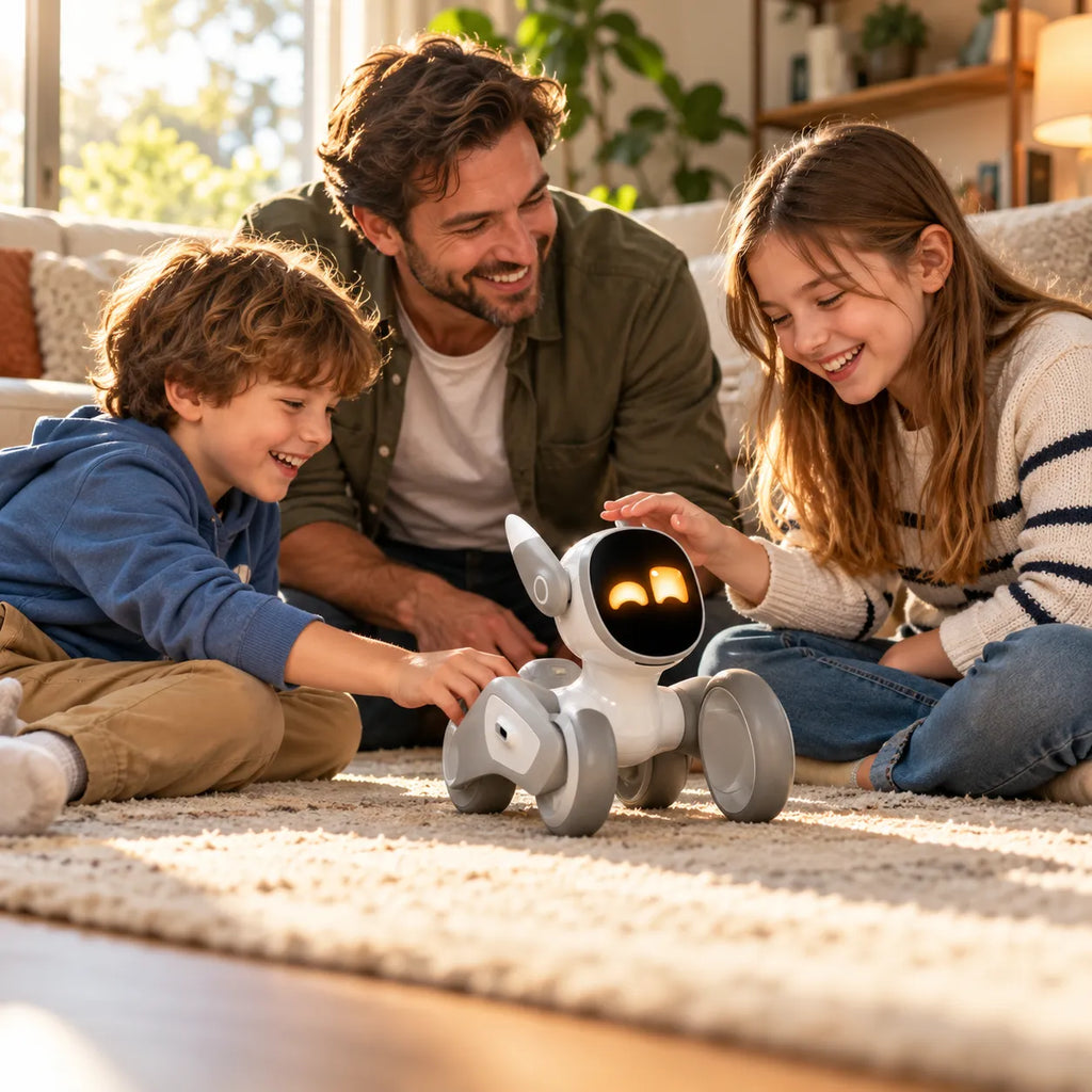 A father and two children are sitting on a beige rug in a cozy living room, smiling and interacting with a small white robotic dog toy with glowing yellow eyes.