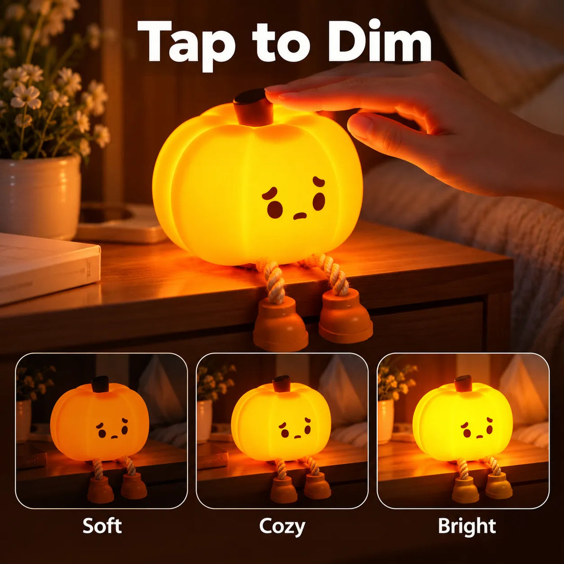 A glowing pumpkin-shaped night light with a sad face sits on a wooden table in a bedroom setting. A hand is touching the top to dim the light, with the text 'Tap to Dim' above.