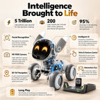 An infographic poster titled 'Intelligence Brought to Life' detailing the features of a spherical robot toy. The poster uses a beige background with black and orange text, accompanied by illustrations of a white and black robot and various feature callouts such as facial recognition, HD RGB camera, 3D-to-f navigation, and long play battery life.