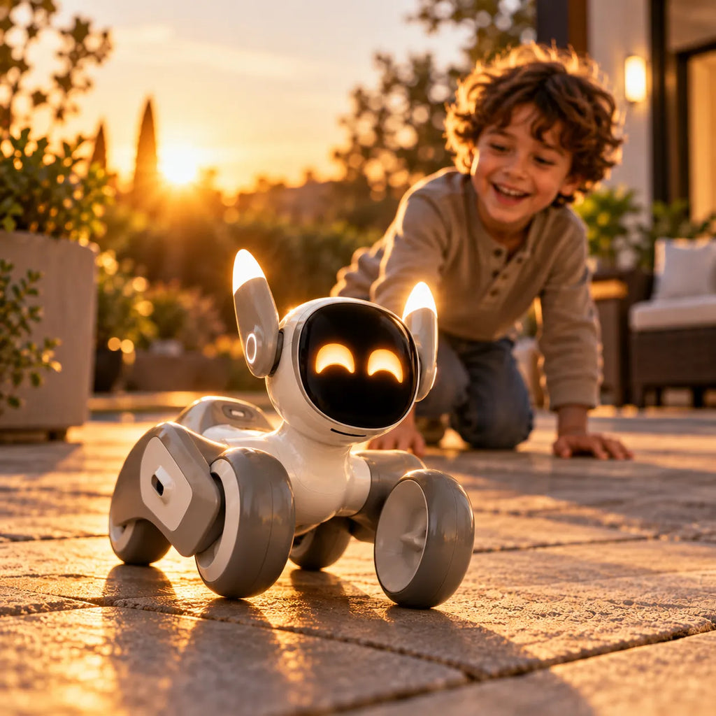 A smiling child kneels on a stone patio at sunset, reaching toward a small white and gray wheeled robot toy with glowing yellow eyes and ear lights in an outdoor patio setting.