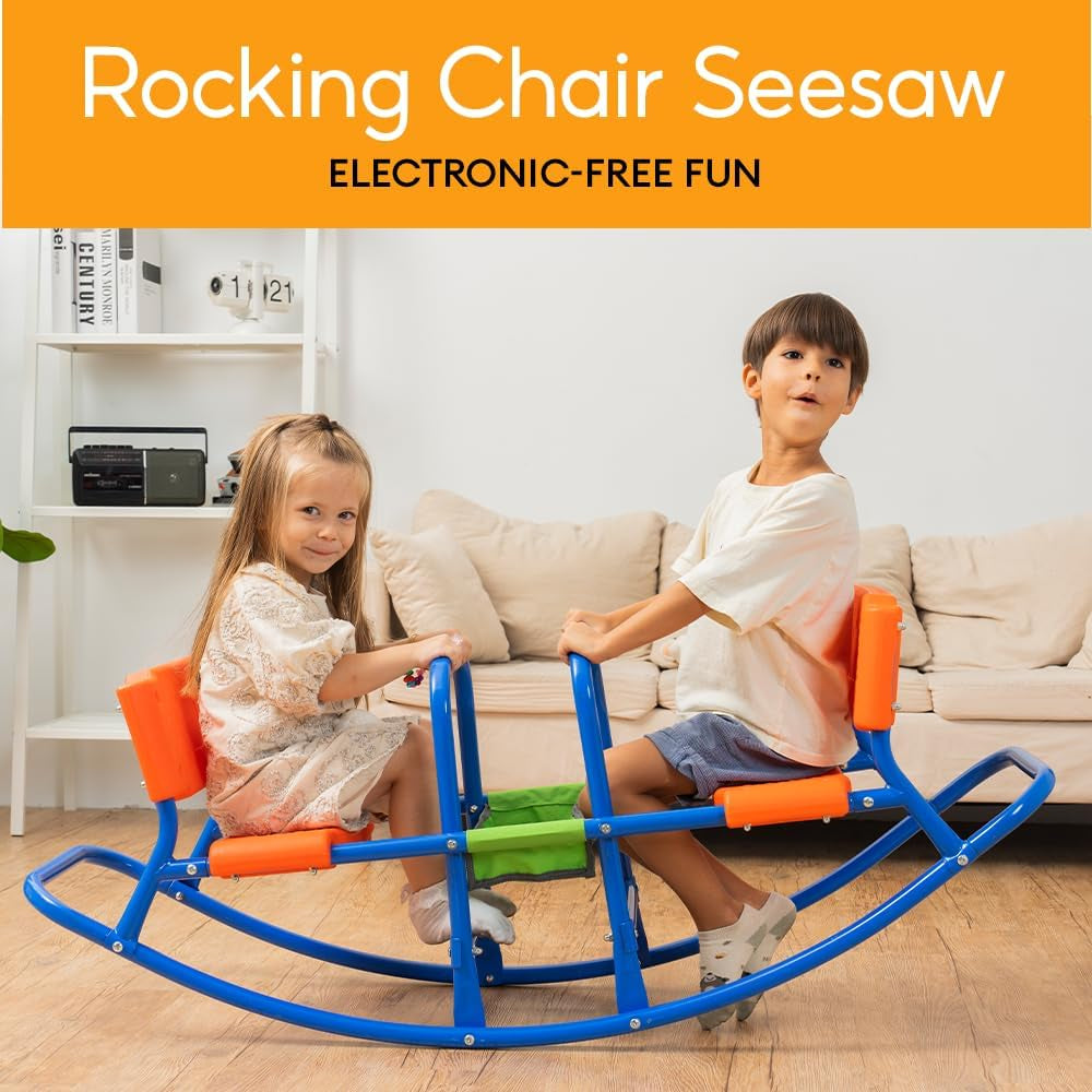 Double Rocking Seesaw – 2-Seater Teeter Totter for Kids Ages 3-5 – Outdoor Ride-On Playground Toy for Two Children – Durable Steel Rocking Chair Seesaw for Backyard Fun