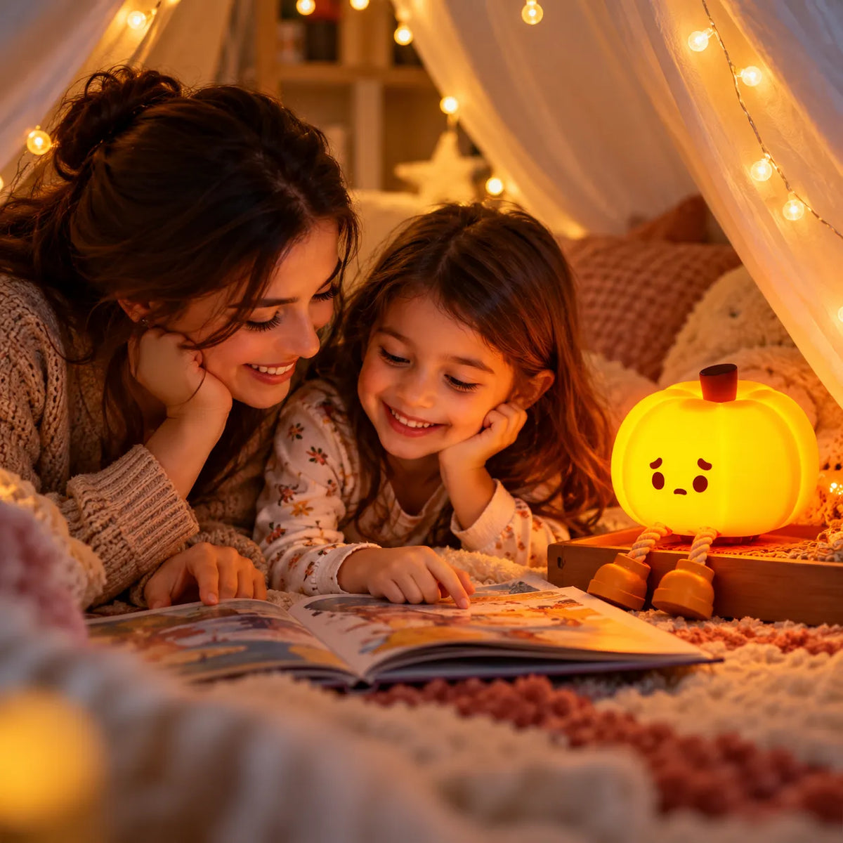 A woman and a young girl lie on a cozy blanket under warm fairy lights, reading a book together in a playful bedroom setting. A glowing yellow pumpkin night light sits nearby.
