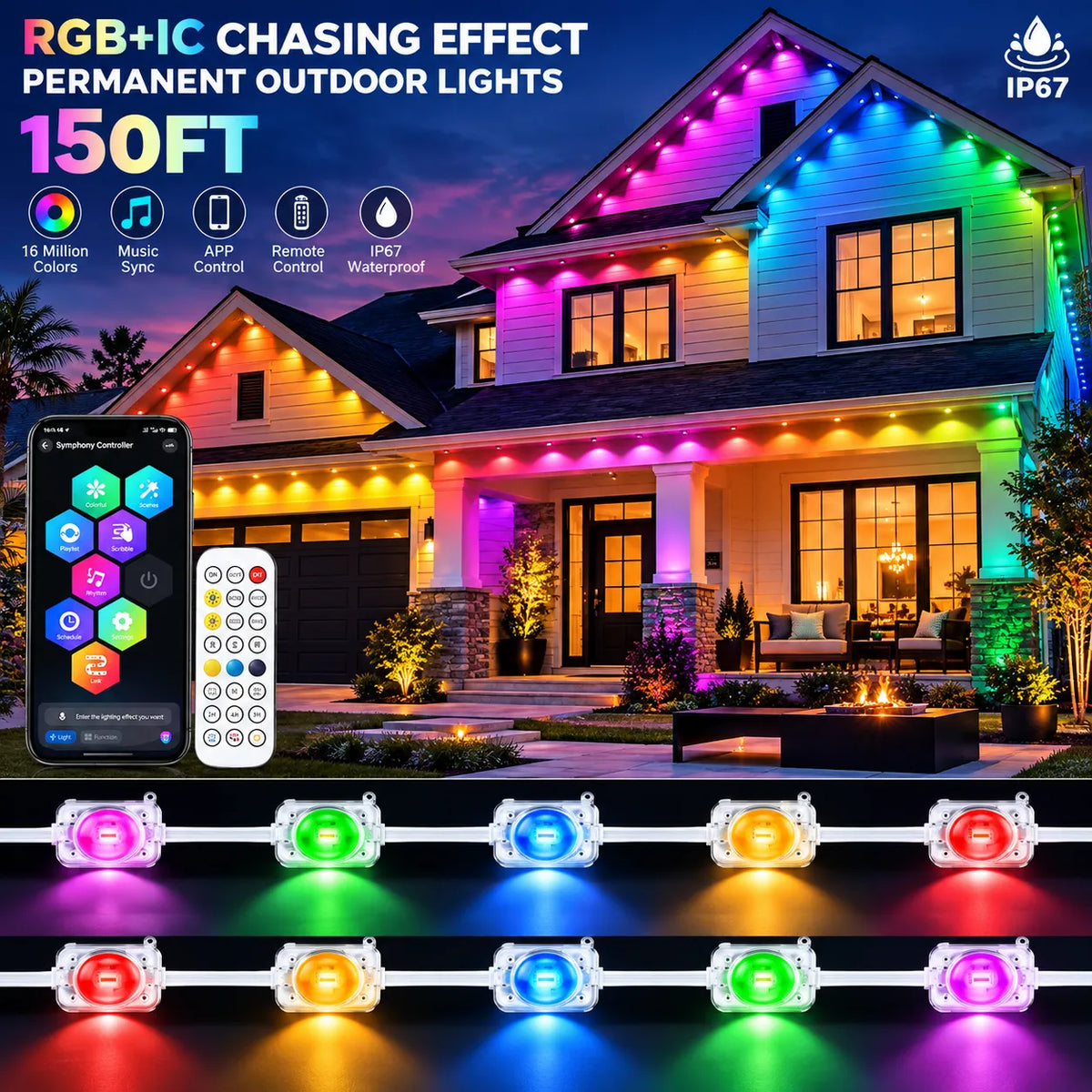 150FT Permanent Outdoor Lights Smart RGB Eave Lights with App and Voice Control