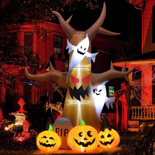 12 FT Halloween Inflatables Tree Outdoor Decorations Blow up Yard Scary Dead Tree with Pumpkin Ghost Tombstone with Built-In Leds for Garden Lawn Indoor Party Decor