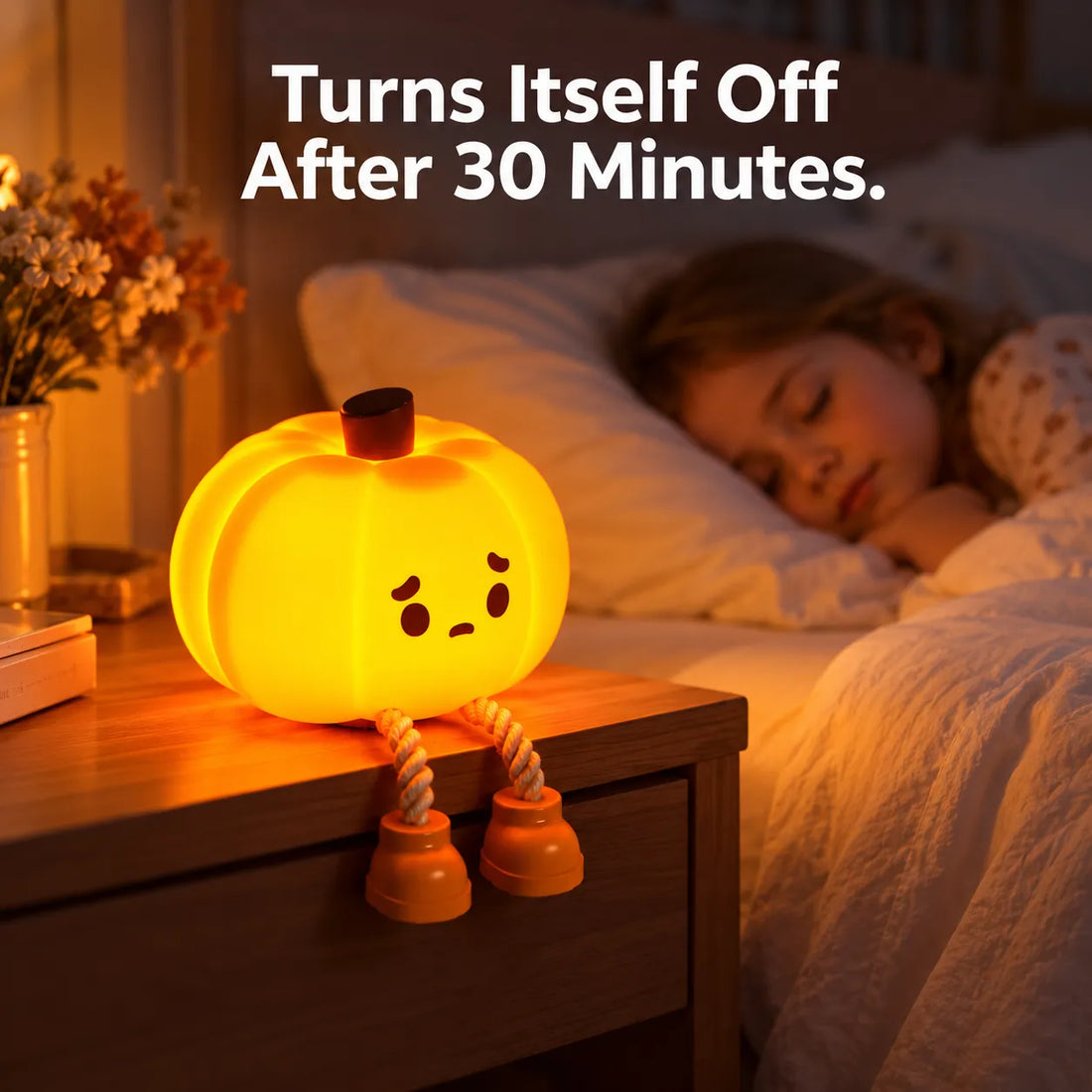 A glowing pumpkin-shaped night light with a sad face and rope legs sits on a wooden bedside table in a bedroom. A child is sleeping in bed in the background, and white text at the top reads, 'Turns Itself Off After 30 Minutes.