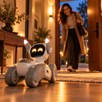 A white and gray robotic delivery bot with glowing eyes and ears stands on a wooden floor in a warmly lit entryway, while a smiling woman in a beige coat walks through the open door in the background.