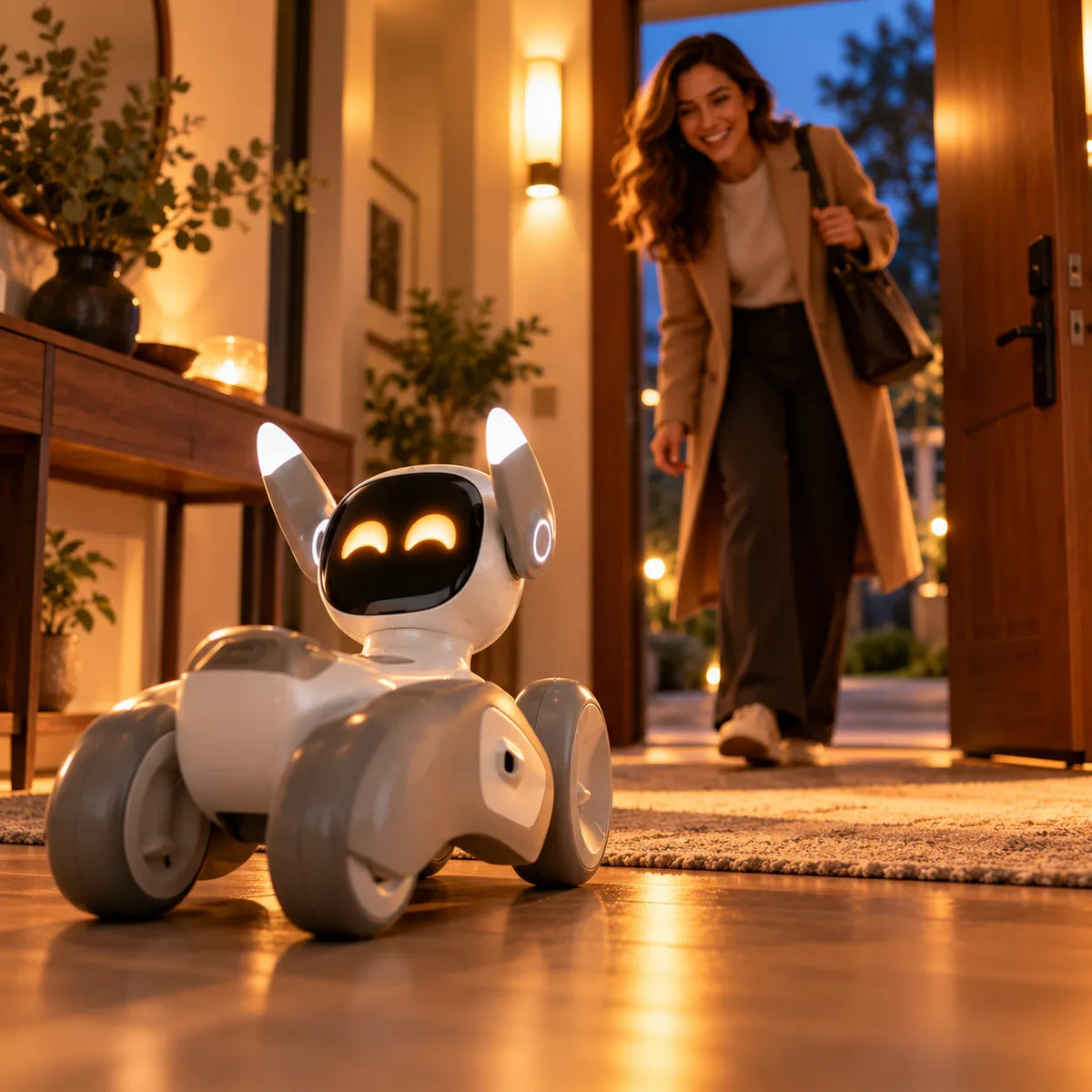 A white and gray robotic delivery bot with glowing eyes and ears stands on a wooden floor in a warmly lit entryway, while a smiling woman in a beige coat walks through the open door in the background.