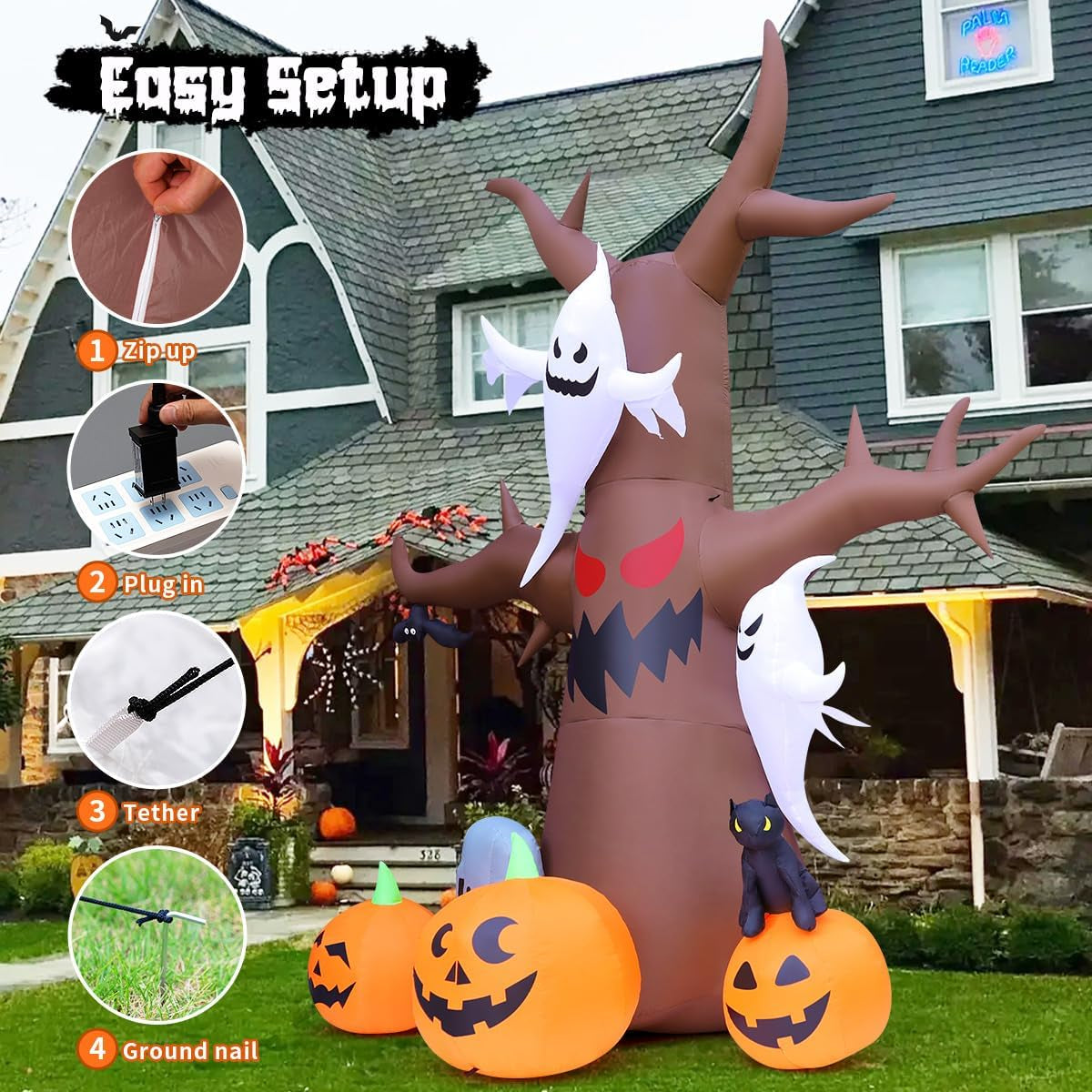 12 FT Halloween Inflatables Tree Outdoor Decorations Blow up Yard Scary Dead Tree with Pumpkin Ghost Tombstone with Built-In Leds for Garden Lawn Indoor Party Decor