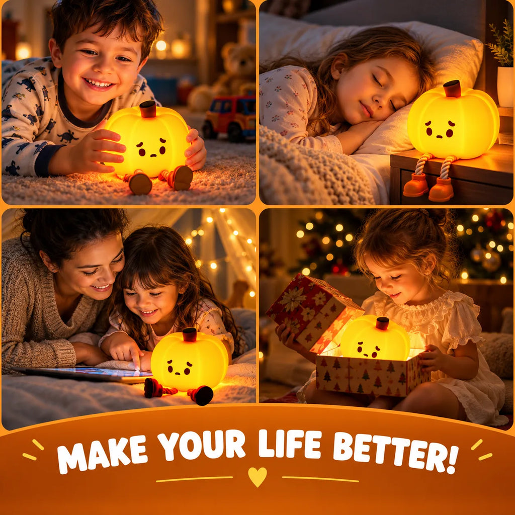 A four-panel lifestyle collage showing children and an adult using a glowing jack-o'-lantern night light in cozy indoor settings, including by a bed, on a nightstand, and in a playroom. The product glows warmly with a cute face and small dangling legs.