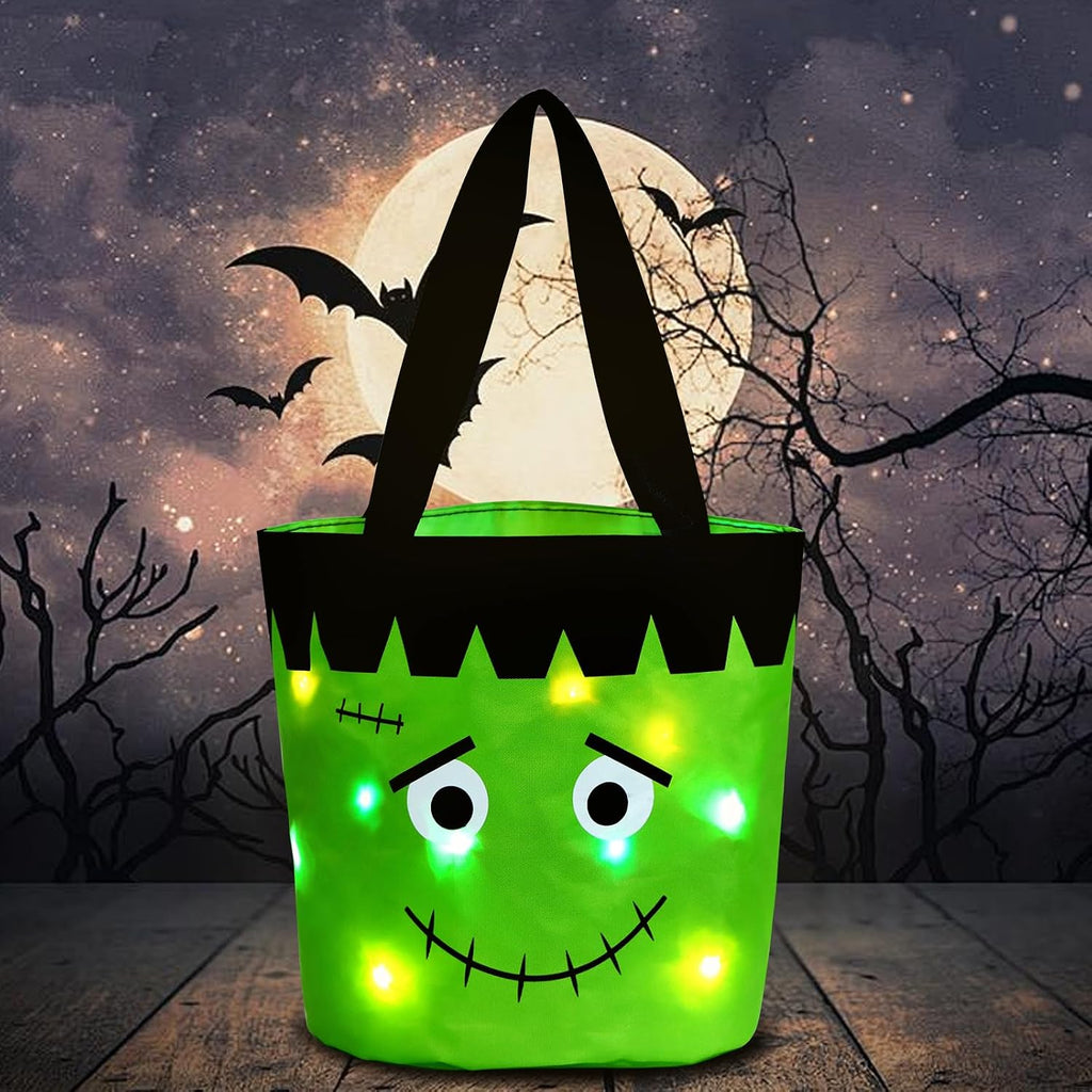 Halloween Trick or Treat Candy Bags LED Light up Pumpkin Bucket, Collapsible Reusable Candy Basket, Fabric Tote Gift Goody Bags for Kids Halloween Party (Green)