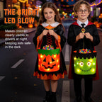 Halloween Trick or Treat Candy Bags LED Light up Pumpkin Bucket, Collapsible Reusable Candy Basket, Fabric Tote Gift Goody Bags for Kids Halloween Party (Green)