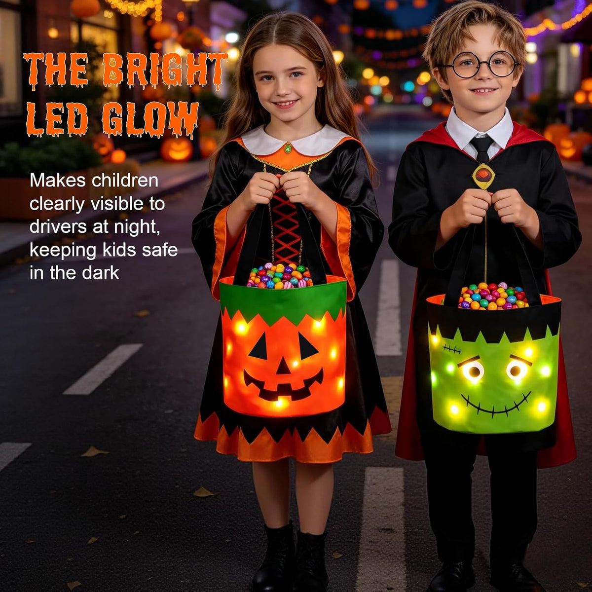 Halloween Trick or Treat Candy Bags LED Light up Pumpkin Bucket, Collapsible Reusable Candy Basket, Fabric Tote Gift Goody Bags for Kids Halloween Party (Green)