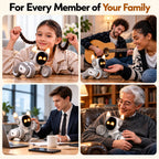 A four-panel collage showing a small white robotic dog with glowing orange eyes and lit faces being used by different people in home, office, and casual settings. Large text at the top reads, 'For Every Member of Your Family.