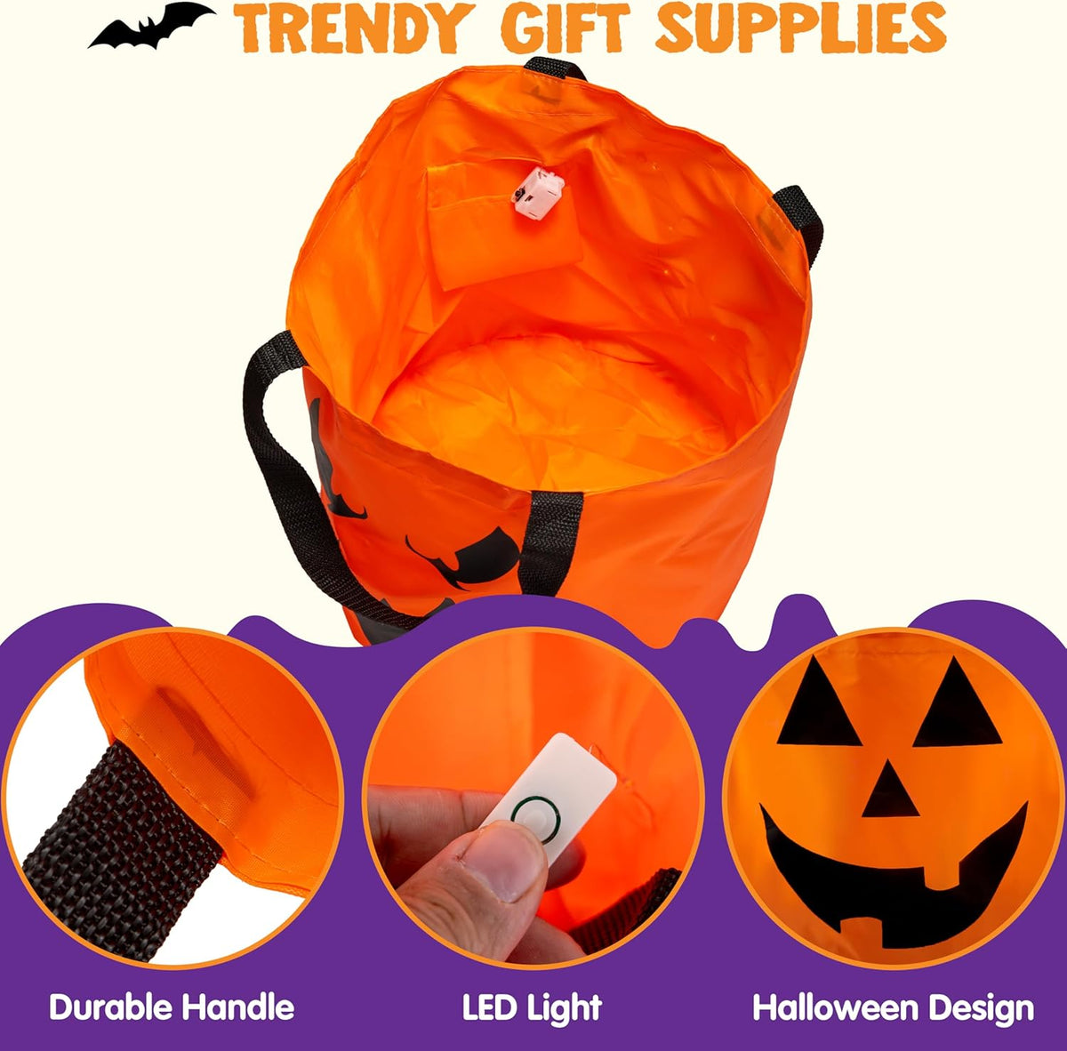 2 PCS Halloween Trick or Treat Bags 10 X 11.8 Inches LED Light Orange Pumpkin Buckets Reusable Goody Candy Bucket Trick or Treating, Halloween Birthday Party Favor Supplies