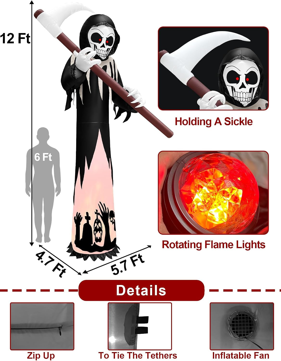 12FT Tall Halloween Inflatables Outdoor Decorations Grim Reaper Ghost