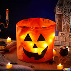 2 PCS Halloween Trick or Treat Bags 10 X 11.8 Inches LED Light Orange Pumpkin Buckets Reusable Goody Candy Bucket Trick or Treating, Halloween Birthday Party Favor Supplies