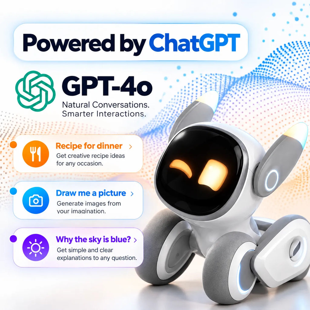 A white and gray wheeled robot toy with glowing orange eyes and blue LED accents, shown on a light background with promotional text reading 'Powered by ChatGPT' and 'GPT-4o' plus example interaction prompts.