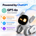 A white and gray wheeled robot toy with glowing orange eyes and blue LED accents, shown on a light background with promotional text reading 'Powered by ChatGPT' and 'GPT-4o' plus example interaction prompts.
