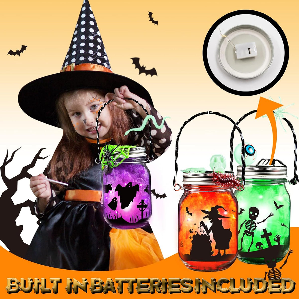 Halloween Craft Kit for Kids, 12 Pcs Glass Mason Jar with Accessories for DIY Lantern Jar, Halloween Art & Craft Party Supplies, Halloween Art Activities, Crafts and Arts Party Supplies