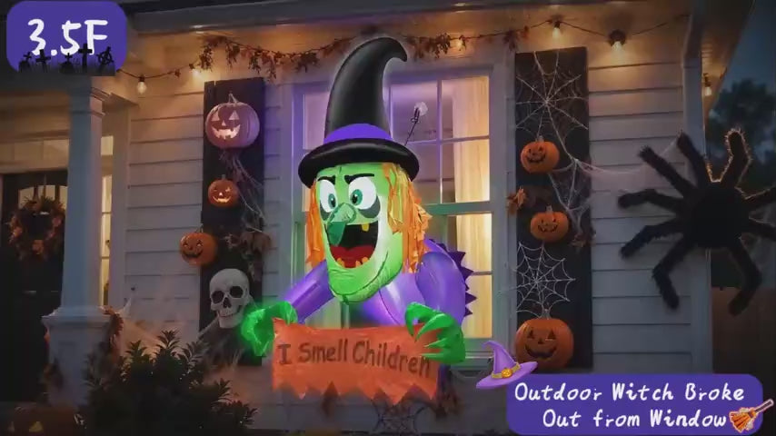 3.5FT Halloween Window Witch Inflatable with LED Lights